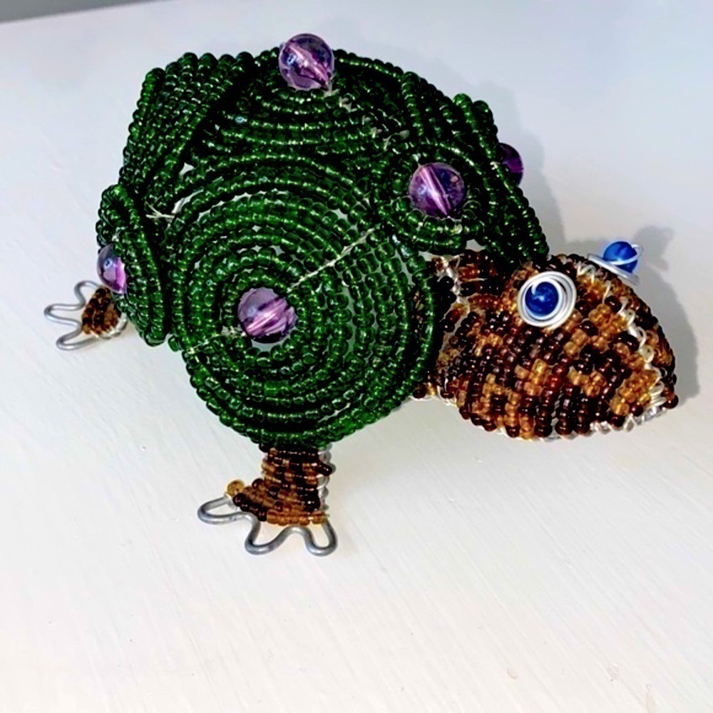 Beadworx Beaded Green Turtle Purple Accents Art Collectible Handmade Figurine